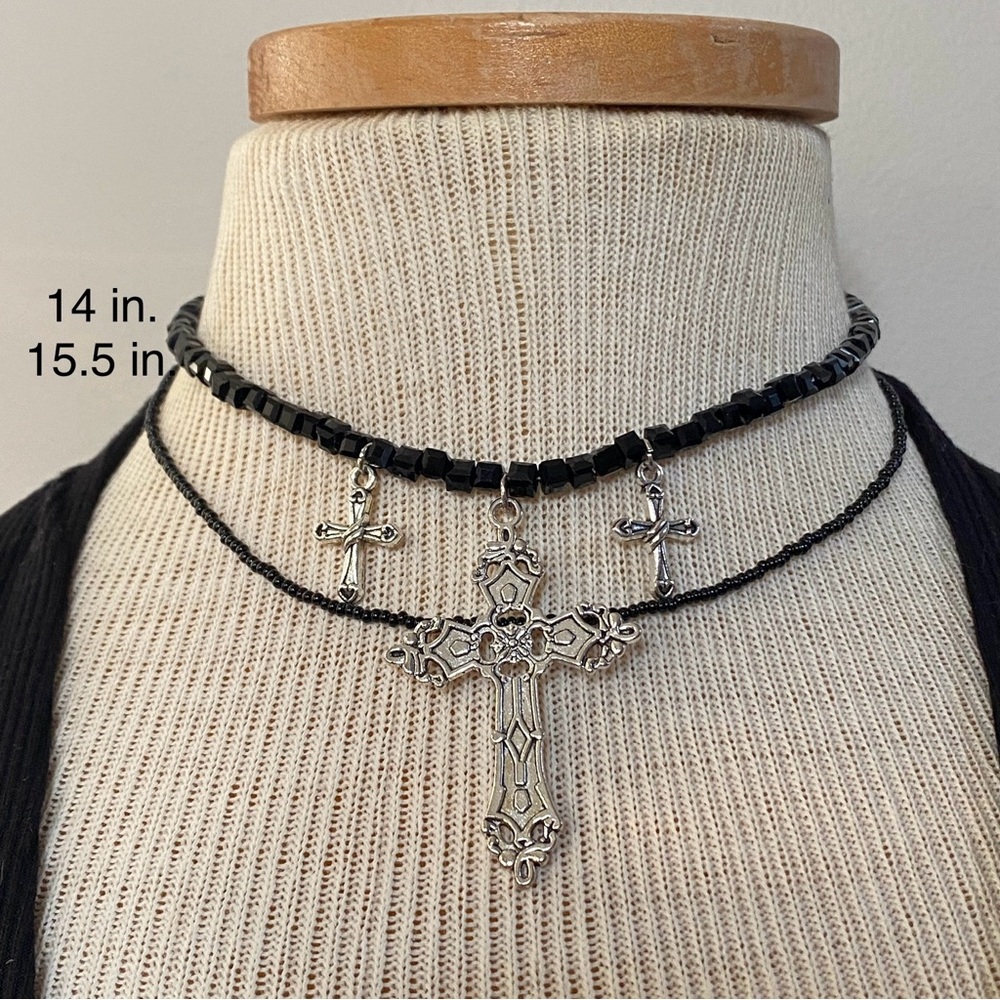 Elegant Black and Silver Cross Necklace Set
